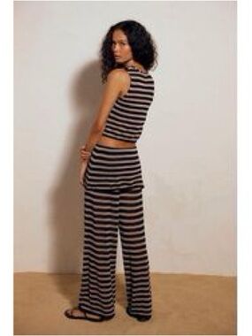 Free People Black and Cream Striped Wide-Leg Pant Set